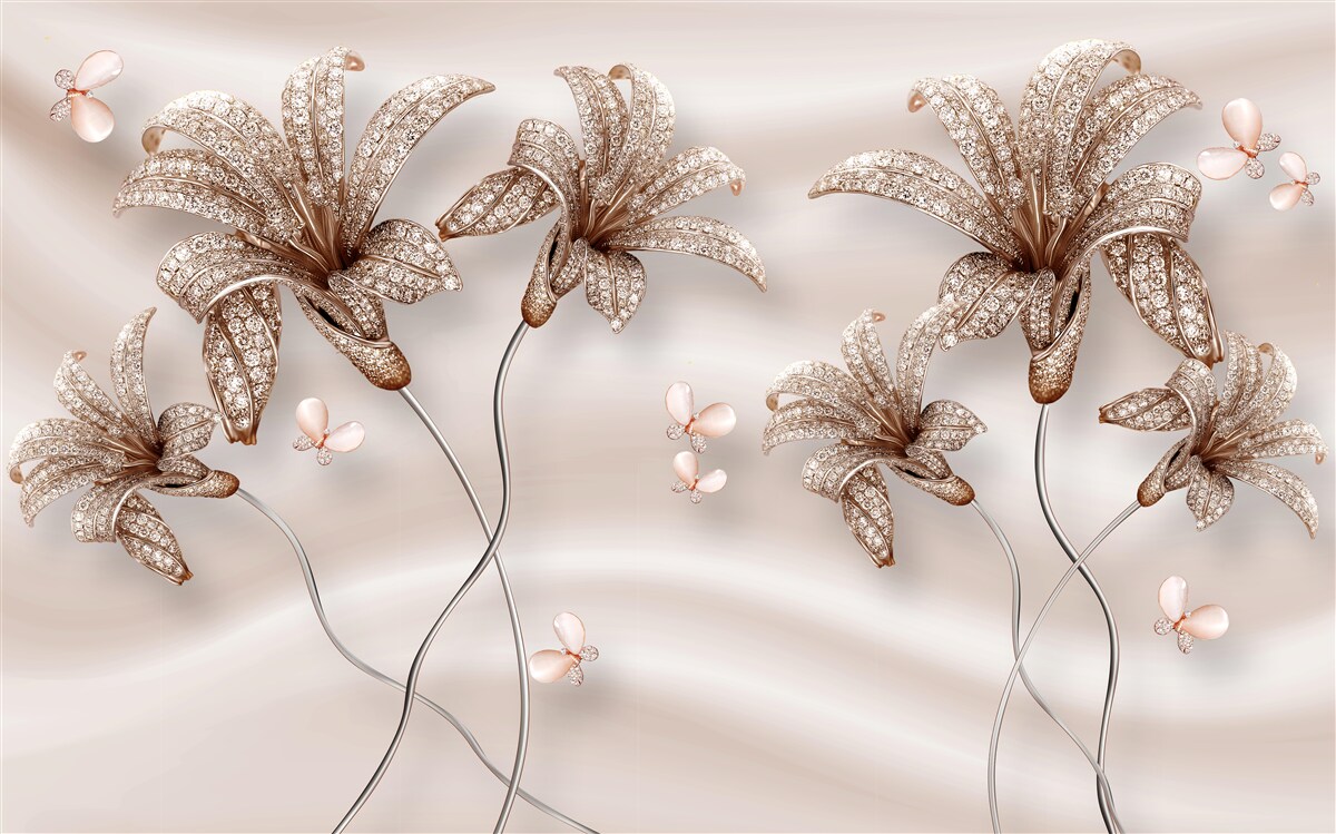 Fotobehang elegante leliebloemen op zijden doek