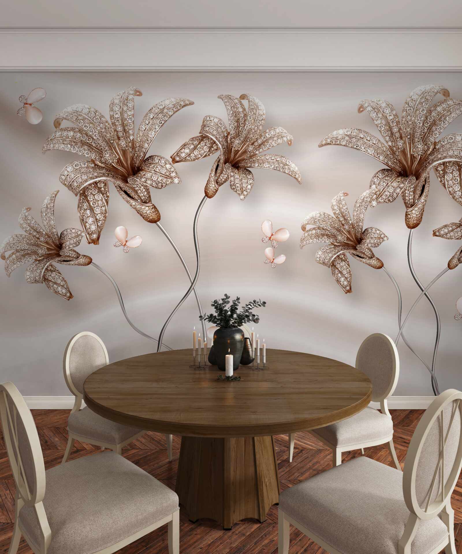 Fotobehang elegante leliebloemen op zijden doek