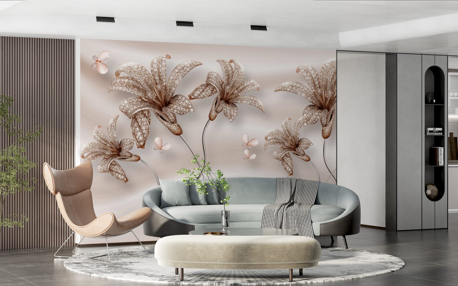 Fotobehang elegante leliebloemen op zijden doek