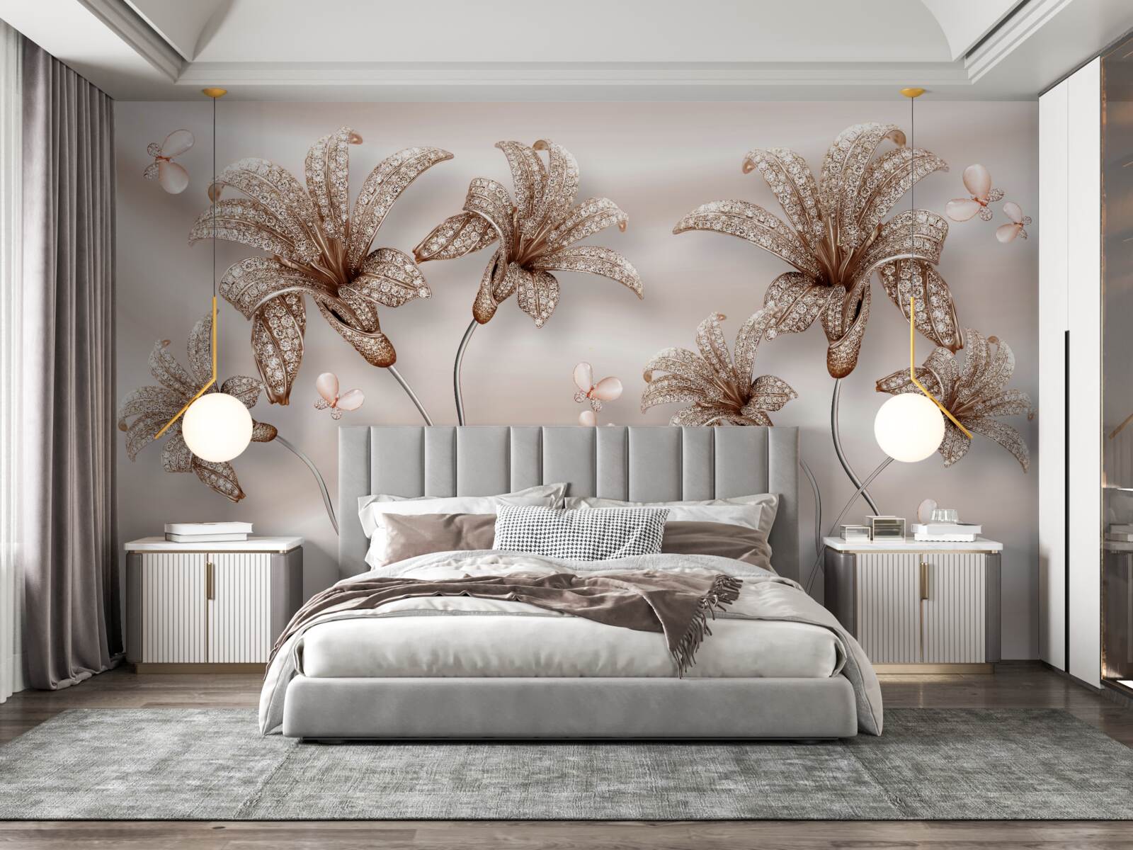 Fotobehang elegante leliebloemen op zijden doek