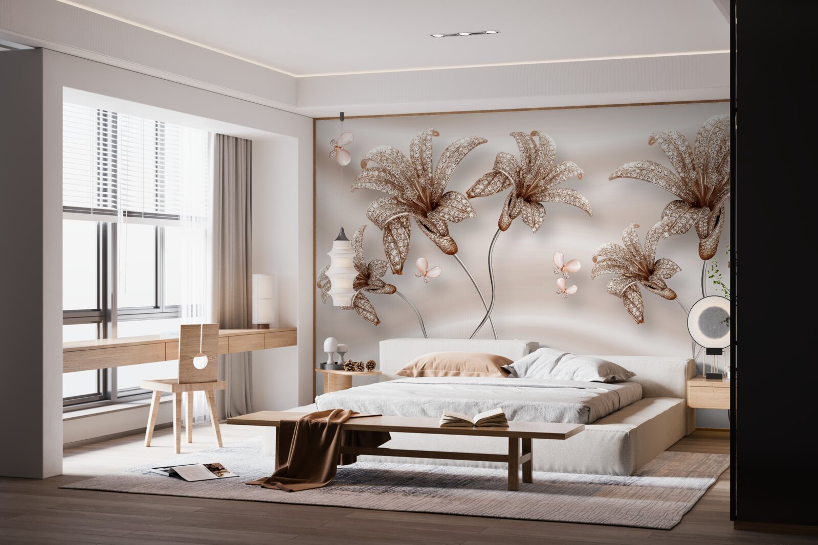 Fotobehang elegante leliebloemen op zijden doek