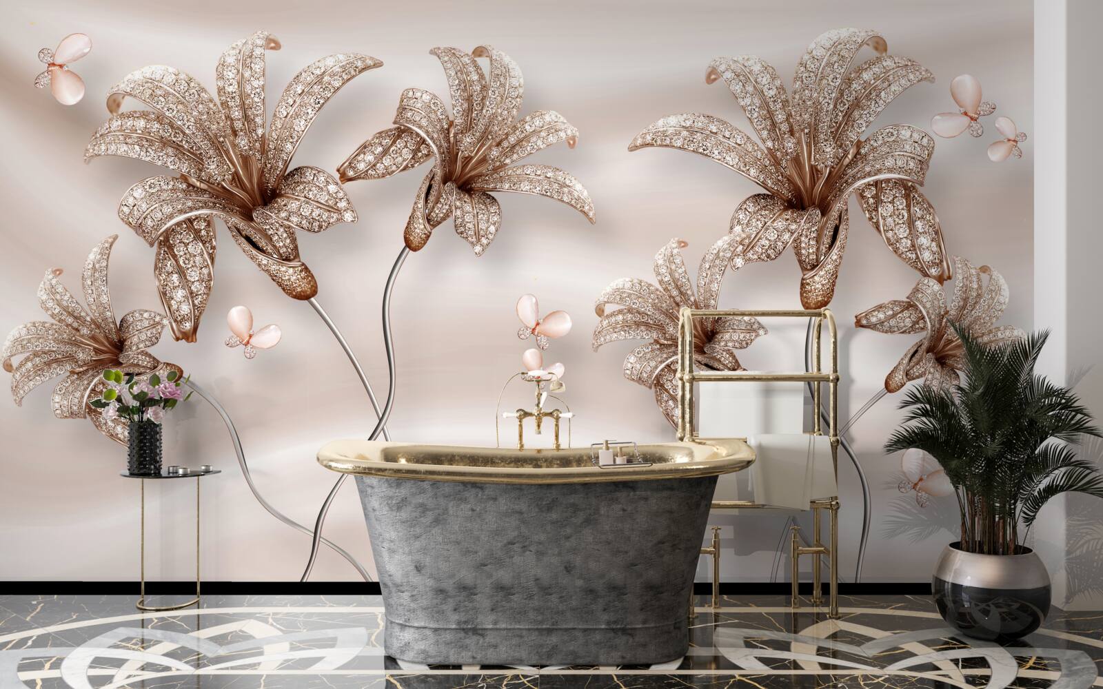 Fotobehang elegante leliebloemen op zijden doek