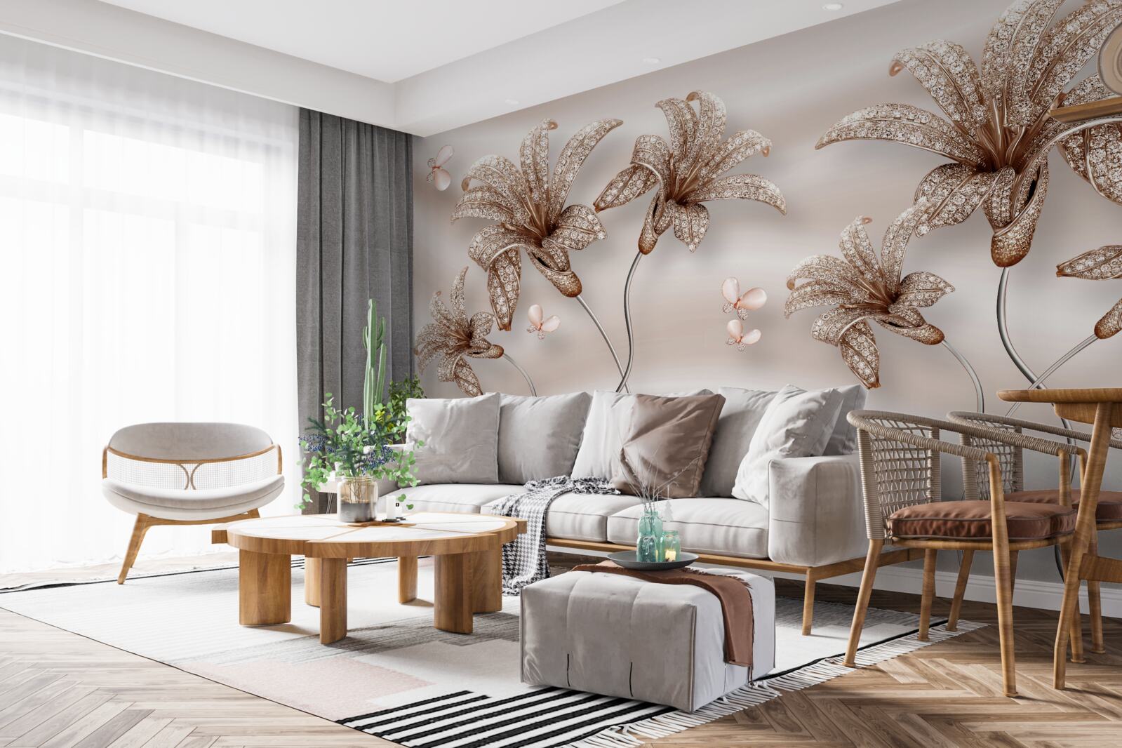 Fotobehang elegante leliebloemen op zijden doek