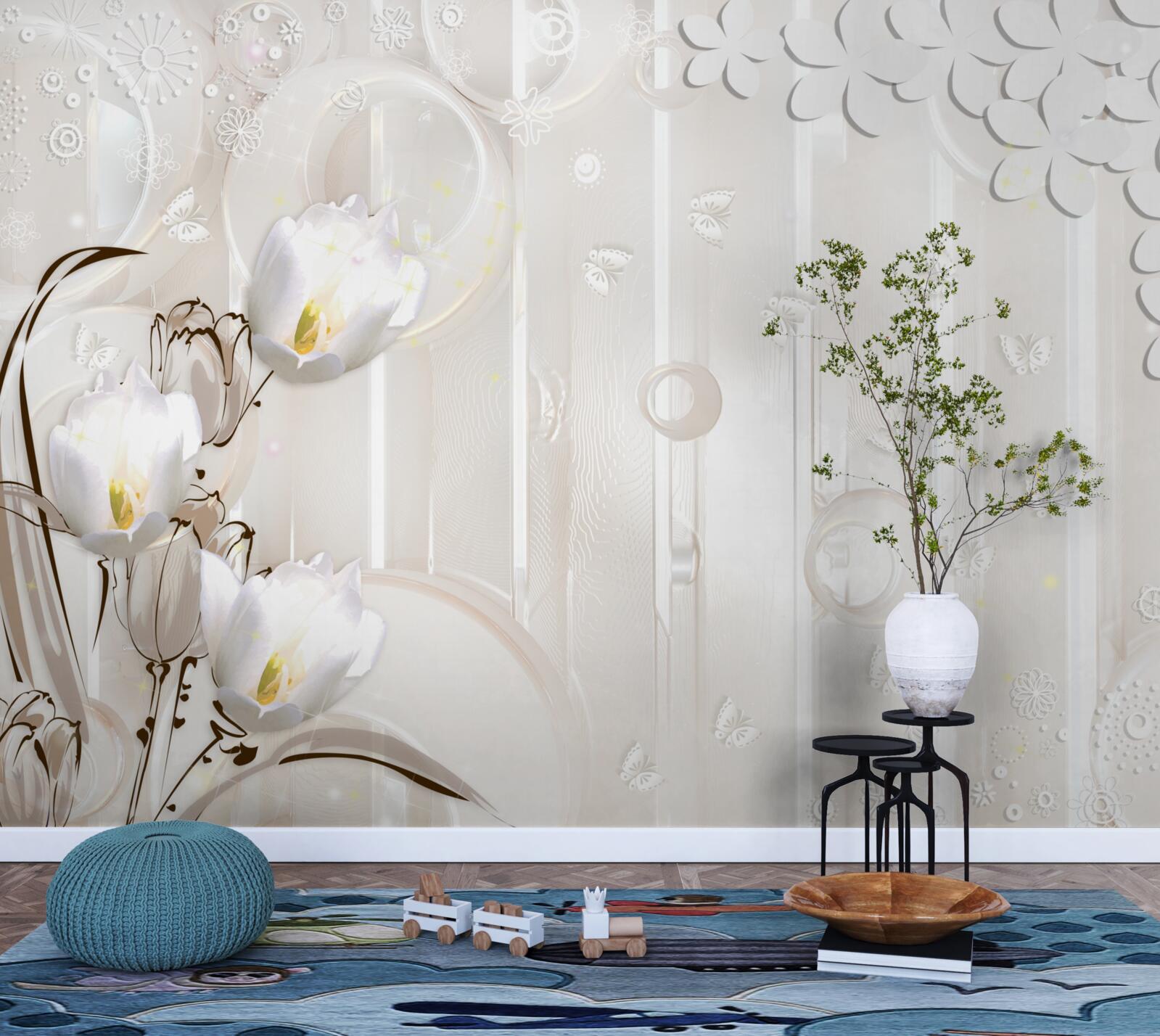 Fotobehang prachtige sneeuwwitte tulpen en vochtdruppels