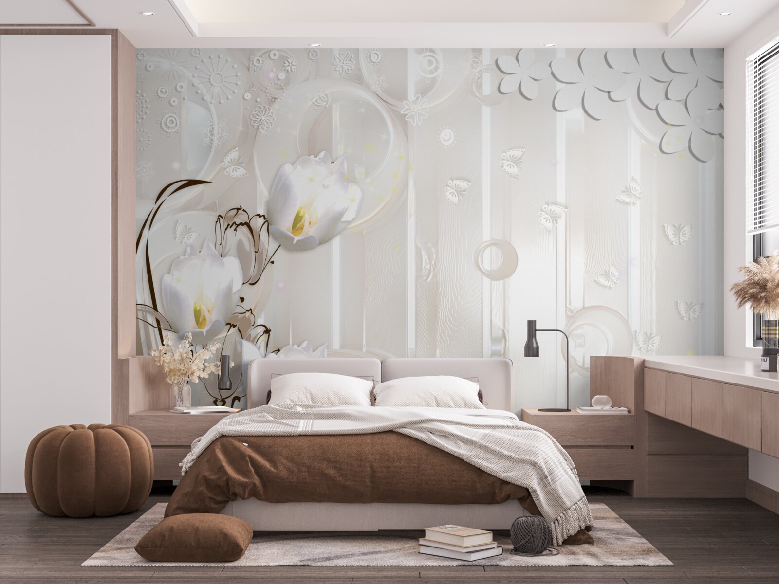 Fotobehang prachtige sneeuwwitte tulpen en vochtdruppels