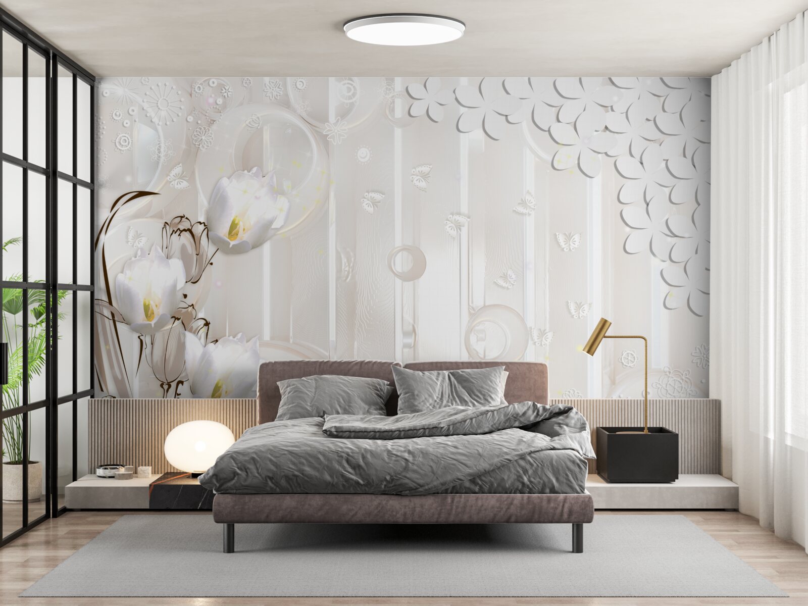 Fotobehang prachtige sneeuwwitte tulpen en vochtdruppels