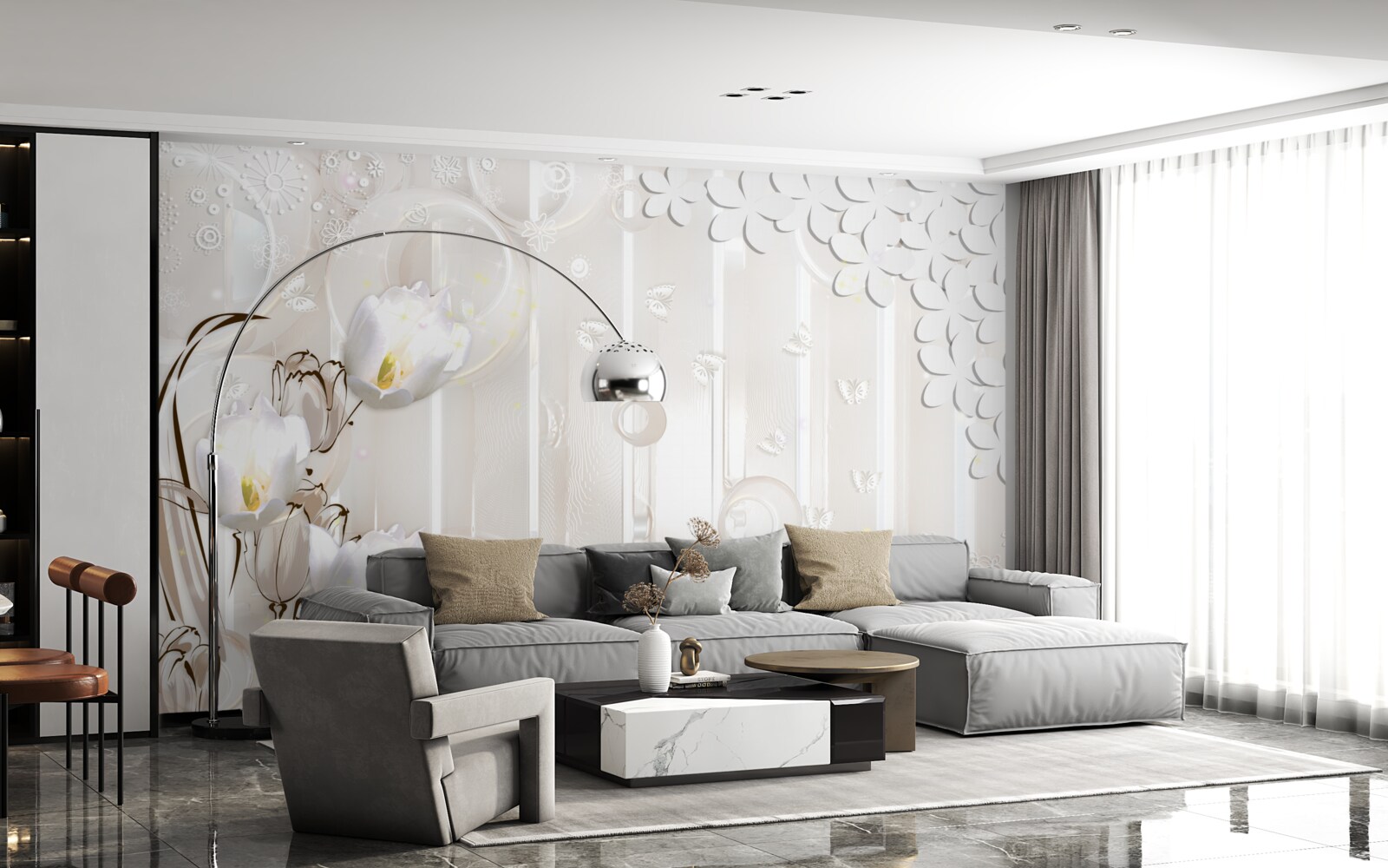 Fotobehang prachtige sneeuwwitte tulpen en vochtdruppels