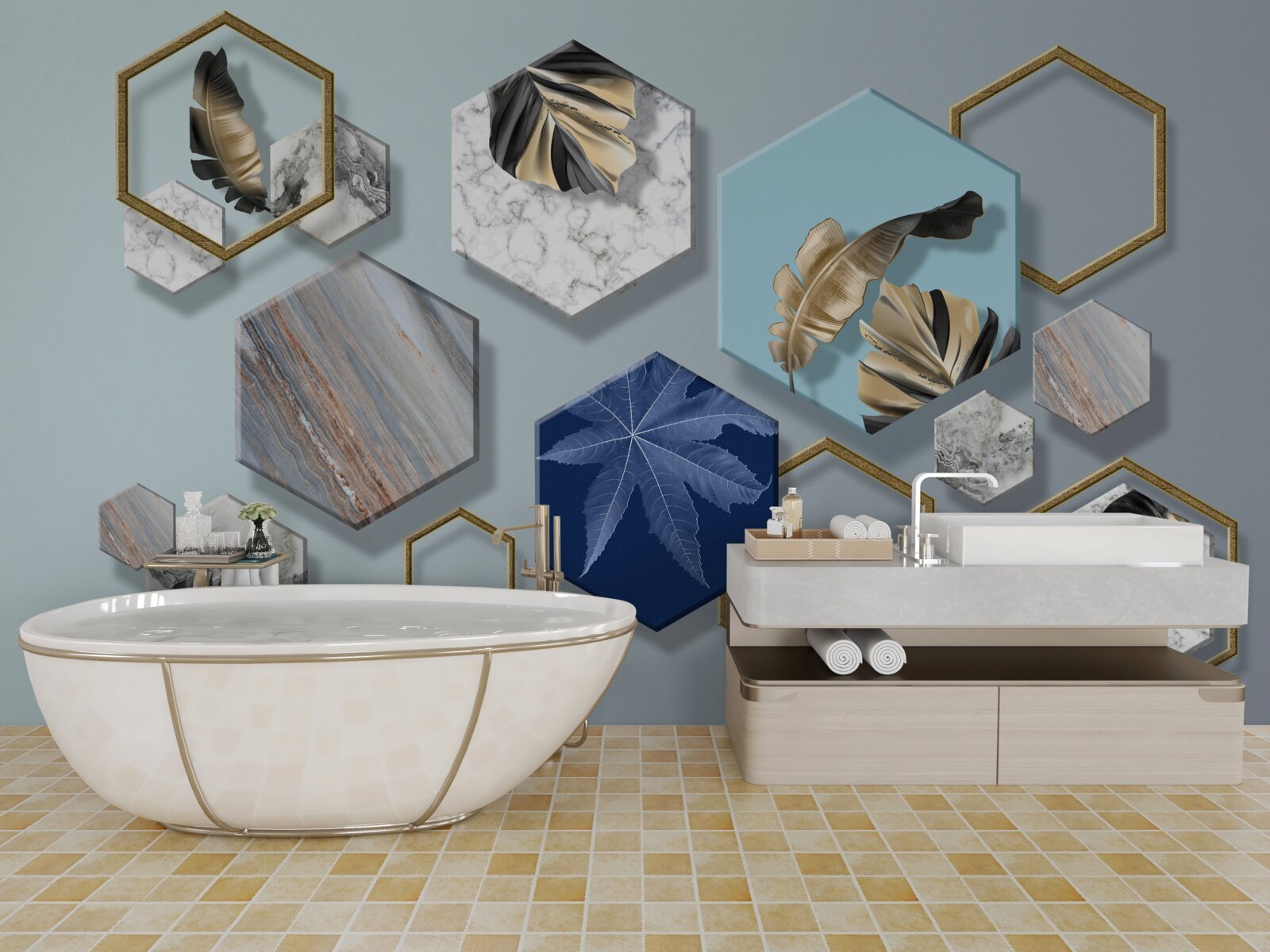 Fotobehang zeshoeken met verschillende inhoud