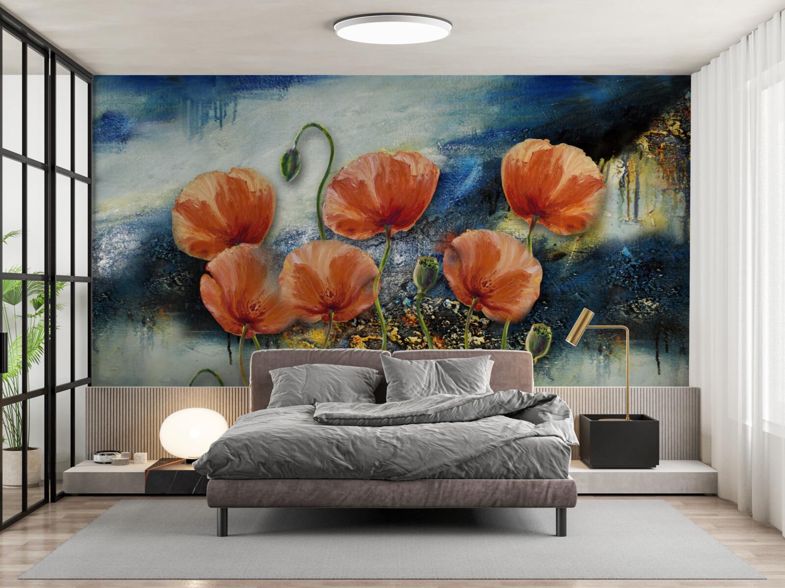 Fotobehang een verzameling sierlijke scharlakenrode zomer klaprozen