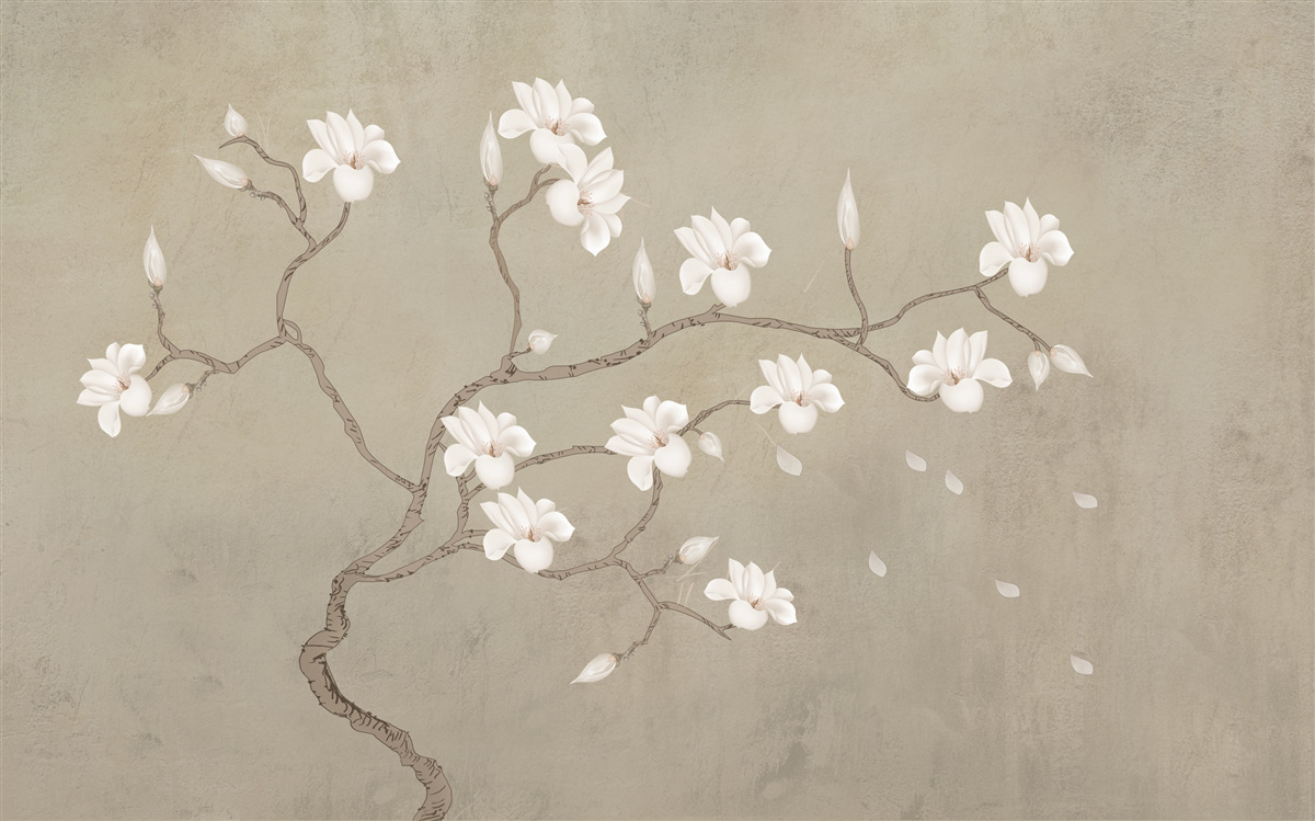 Fotobehang in de mist een enkele boom met witte bloemen