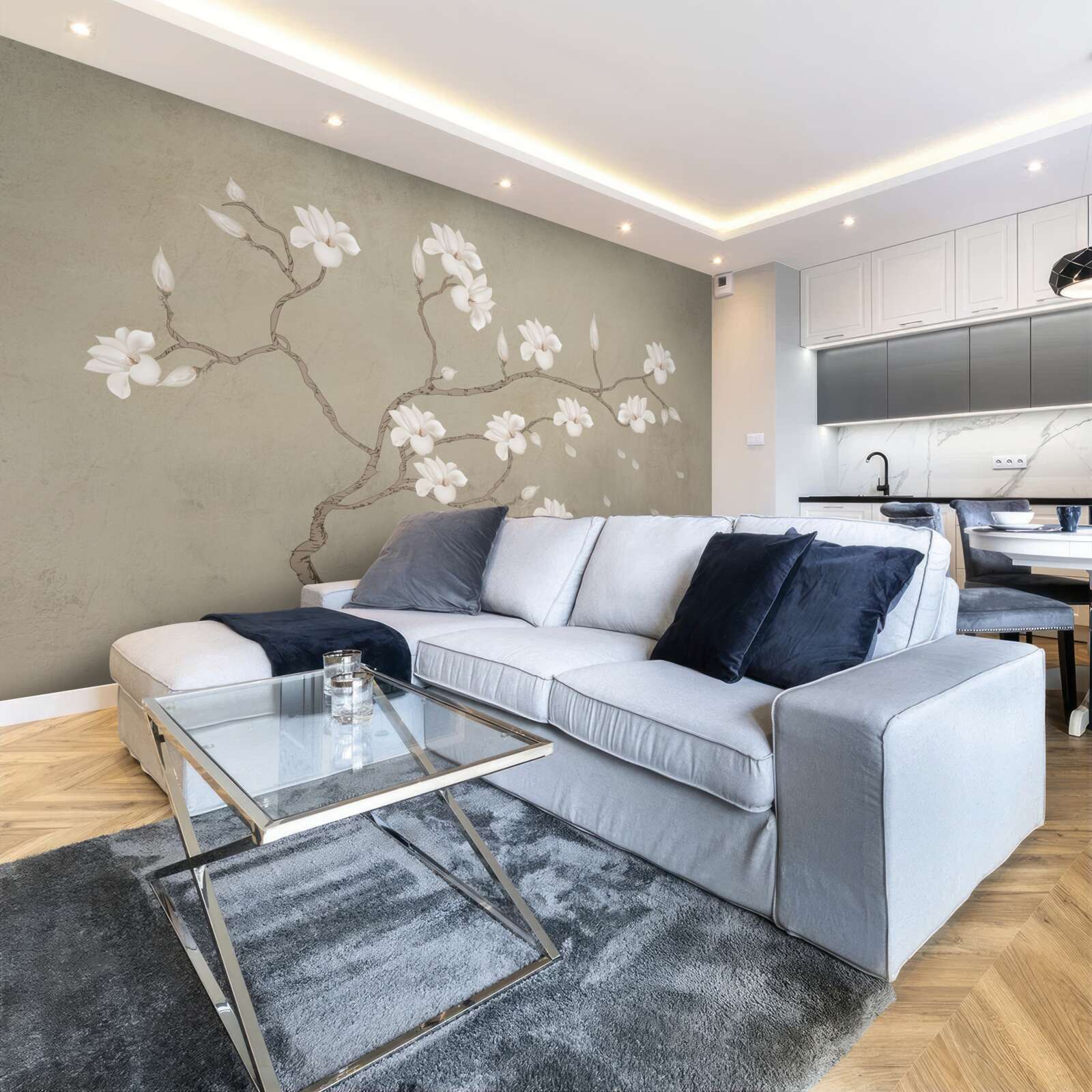 Fotobehang in de mist een enkele boom met witte bloemen