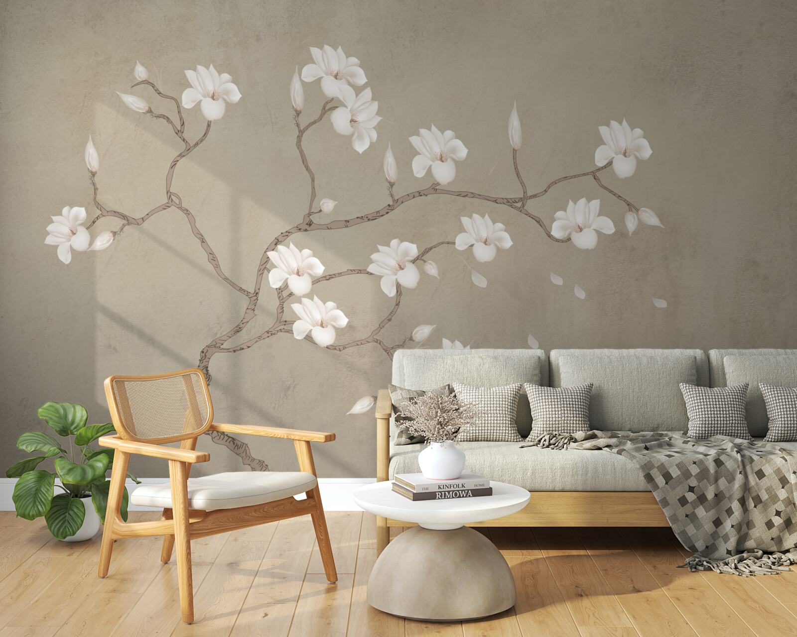 Fotobehang in de mist een enkele boom met witte bloemen