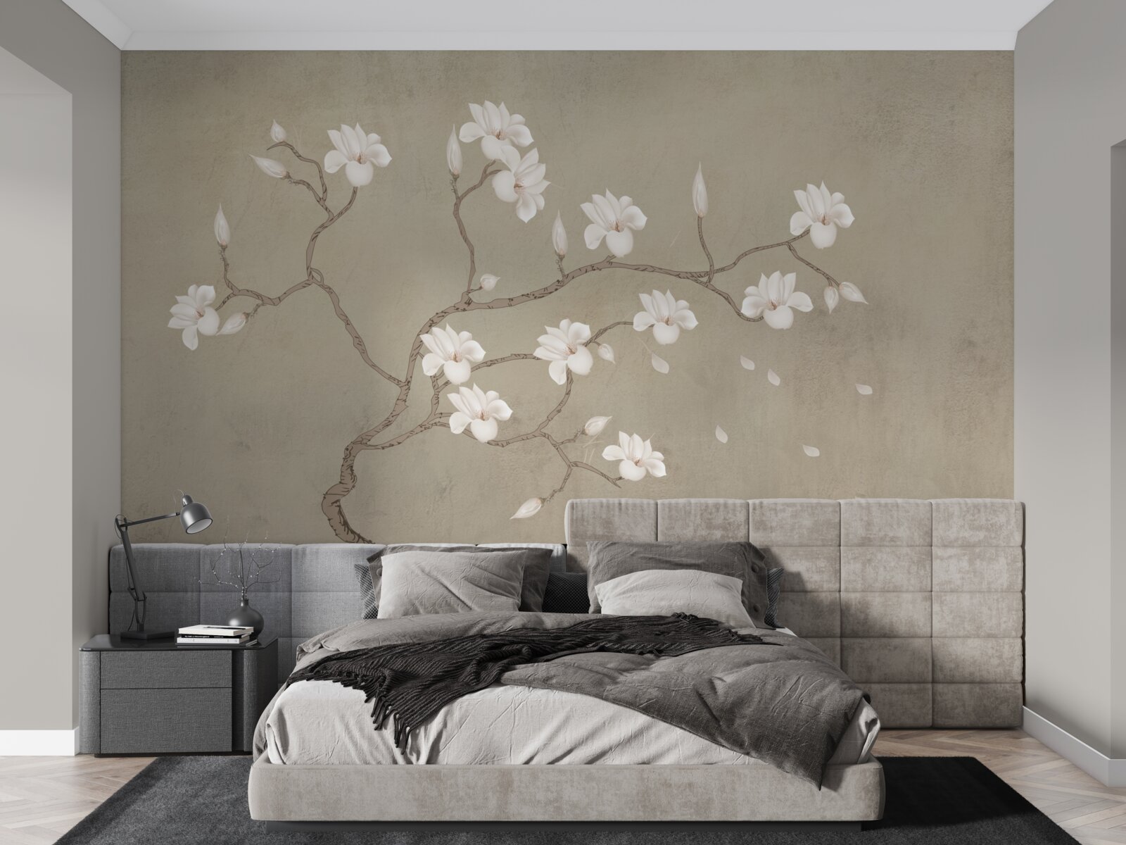 Fotobehang in de mist een enkele boom met witte bloemen