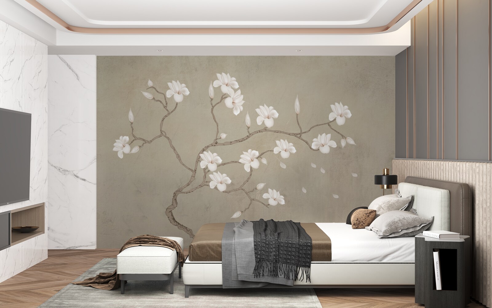 Fotobehang in de mist een enkele boom met witte bloemen