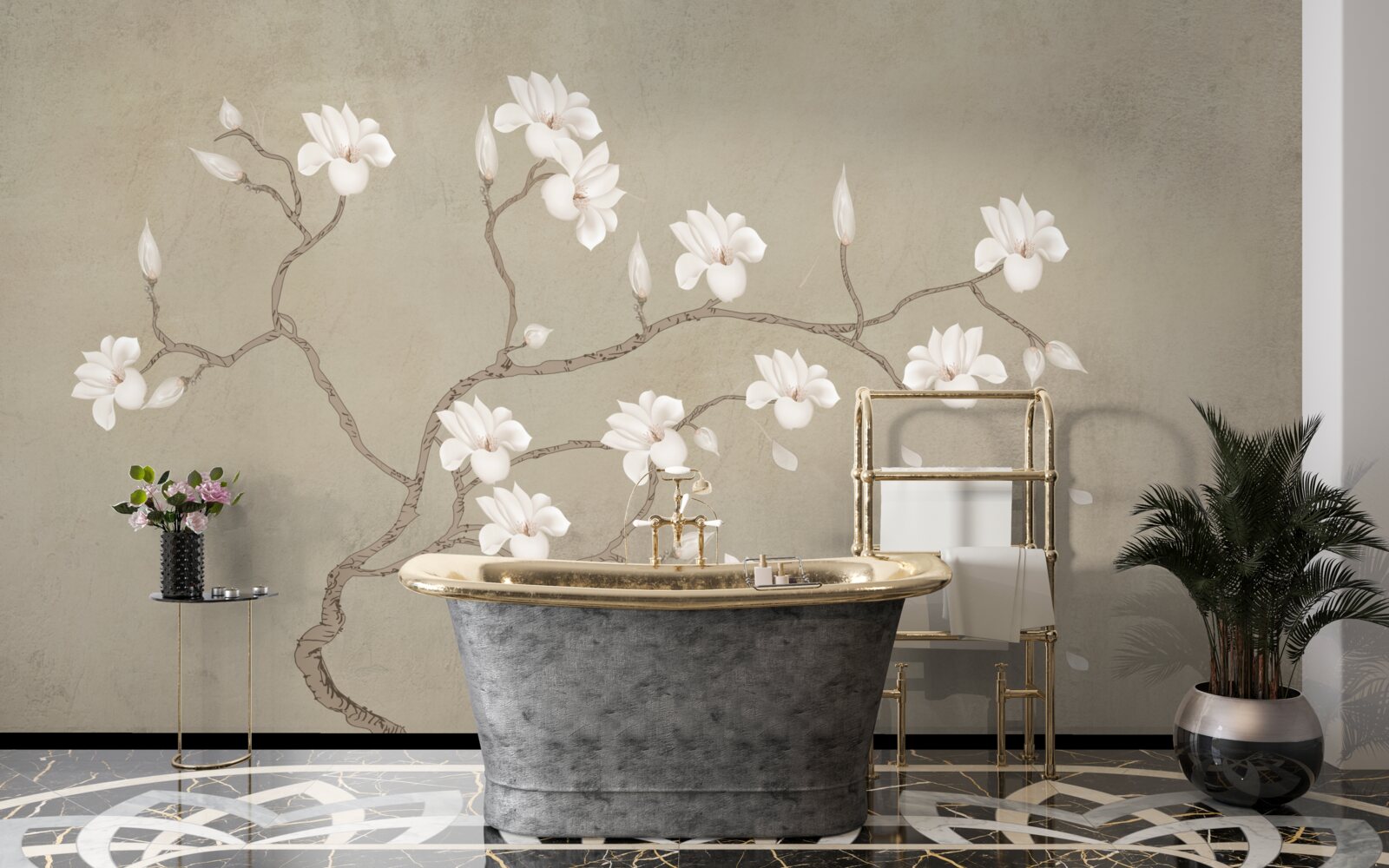 Fotobehang in de mist een enkele boom met witte bloemen