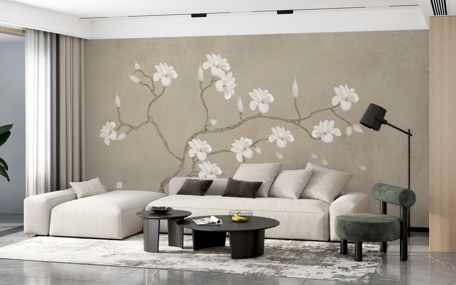 Fotobehang in de mist een enkele boom met witte bloemen