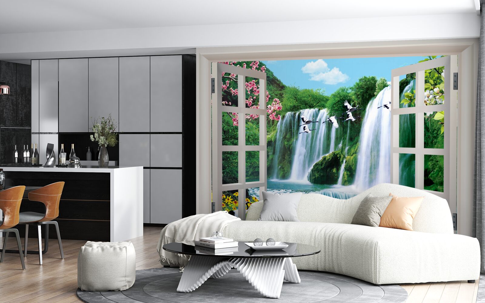 Fotobehang uitzicht vanuit het raam op de luidruchtige watervallen