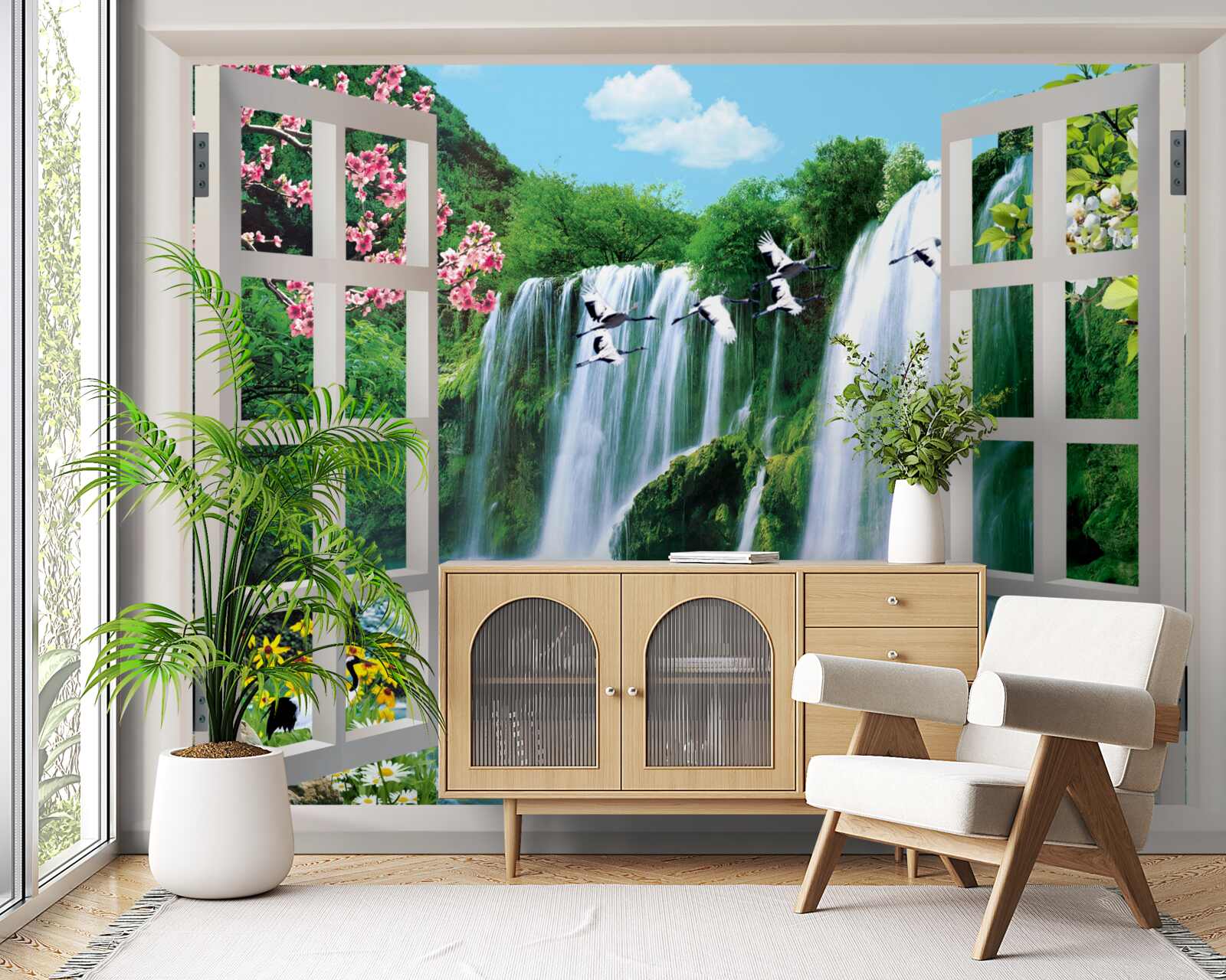 Fotobehang uitzicht vanuit het raam op de luidruchtige watervallen