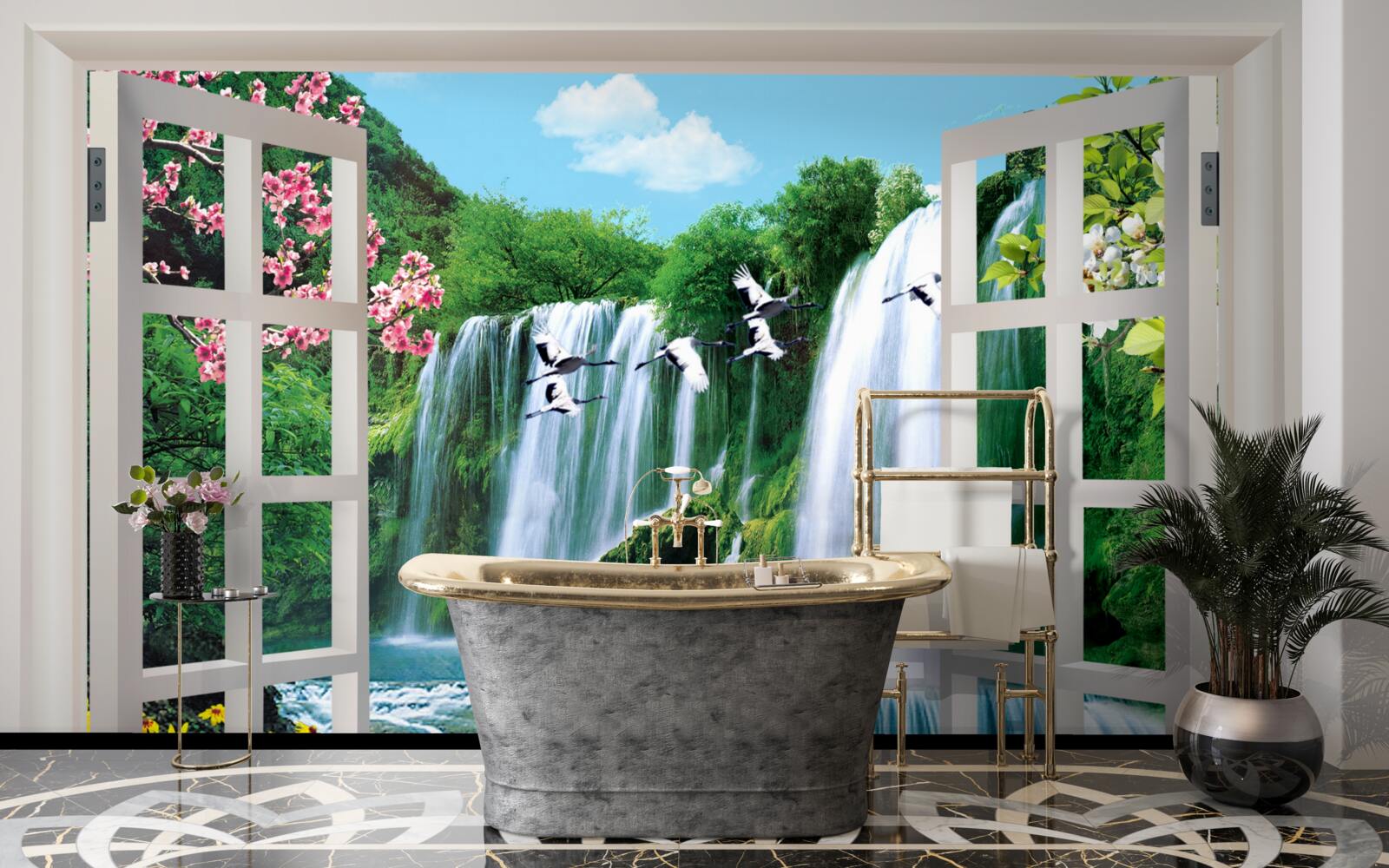 Fotobehang uitzicht vanuit het raam op de luidruchtige watervallen