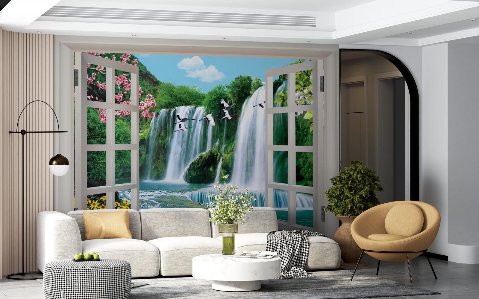 Fotobehang uitzicht vanuit het raam op de luidruchtige watervallen