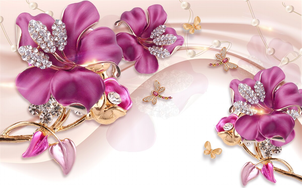 Fotobehang paarse bloemblaadjes omringd door parels en goud