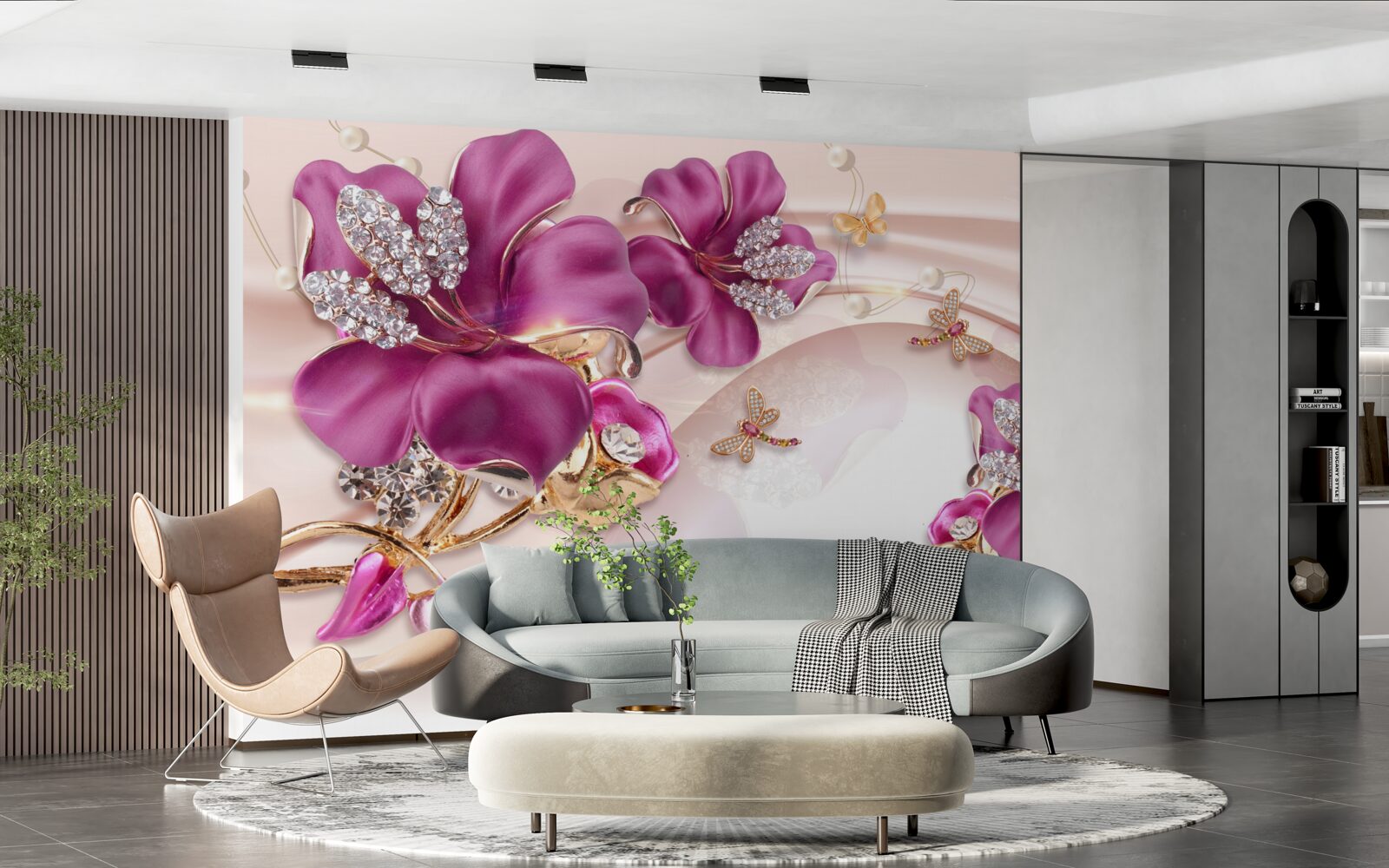 Fotobehang paarse bloemblaadjes omringd door parels en goud