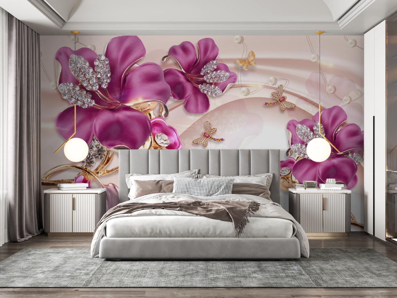 Fotobehang paarse bloemblaadjes omringd door parels en goud