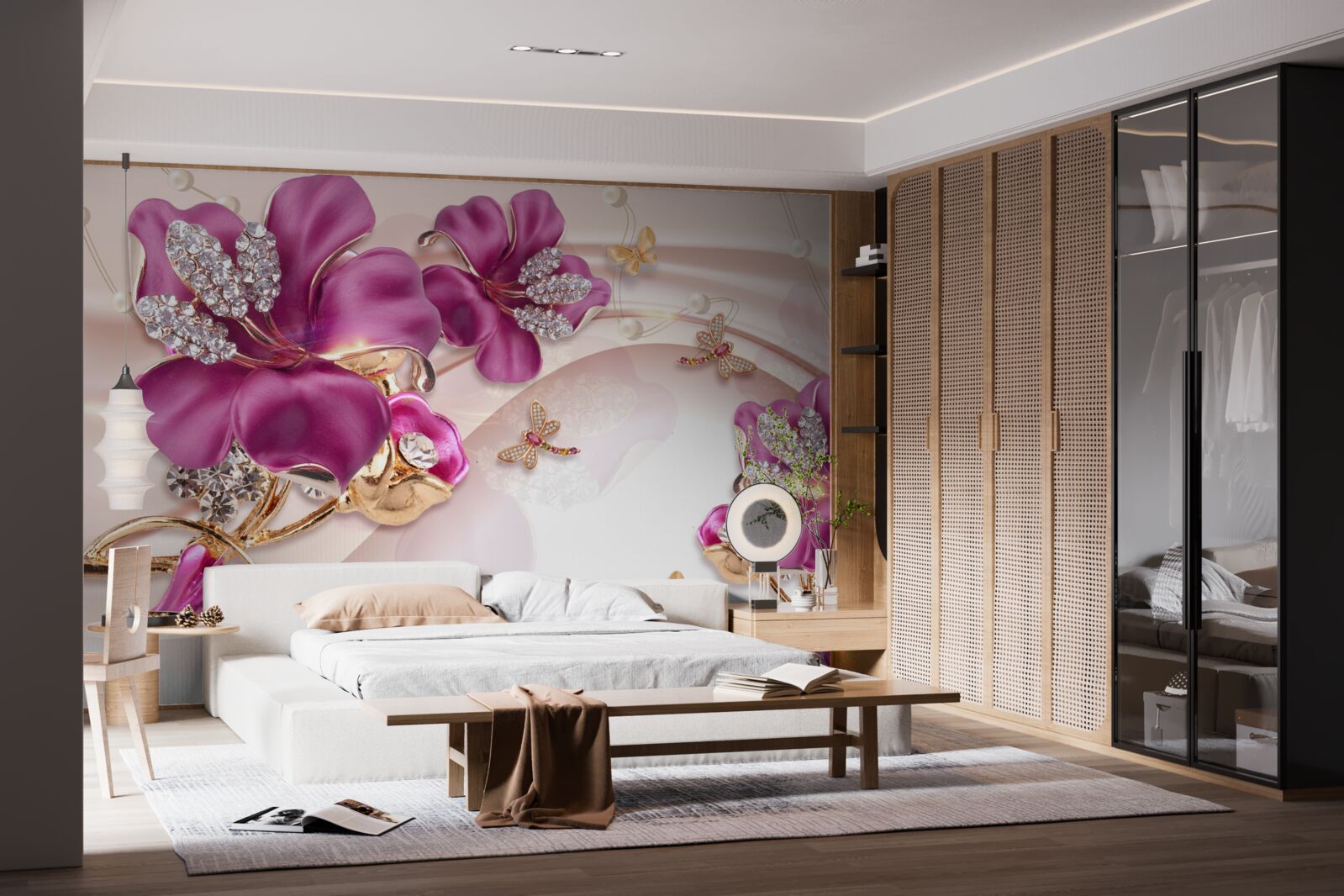 Fotobehang paarse bloemblaadjes omringd door parels en goud