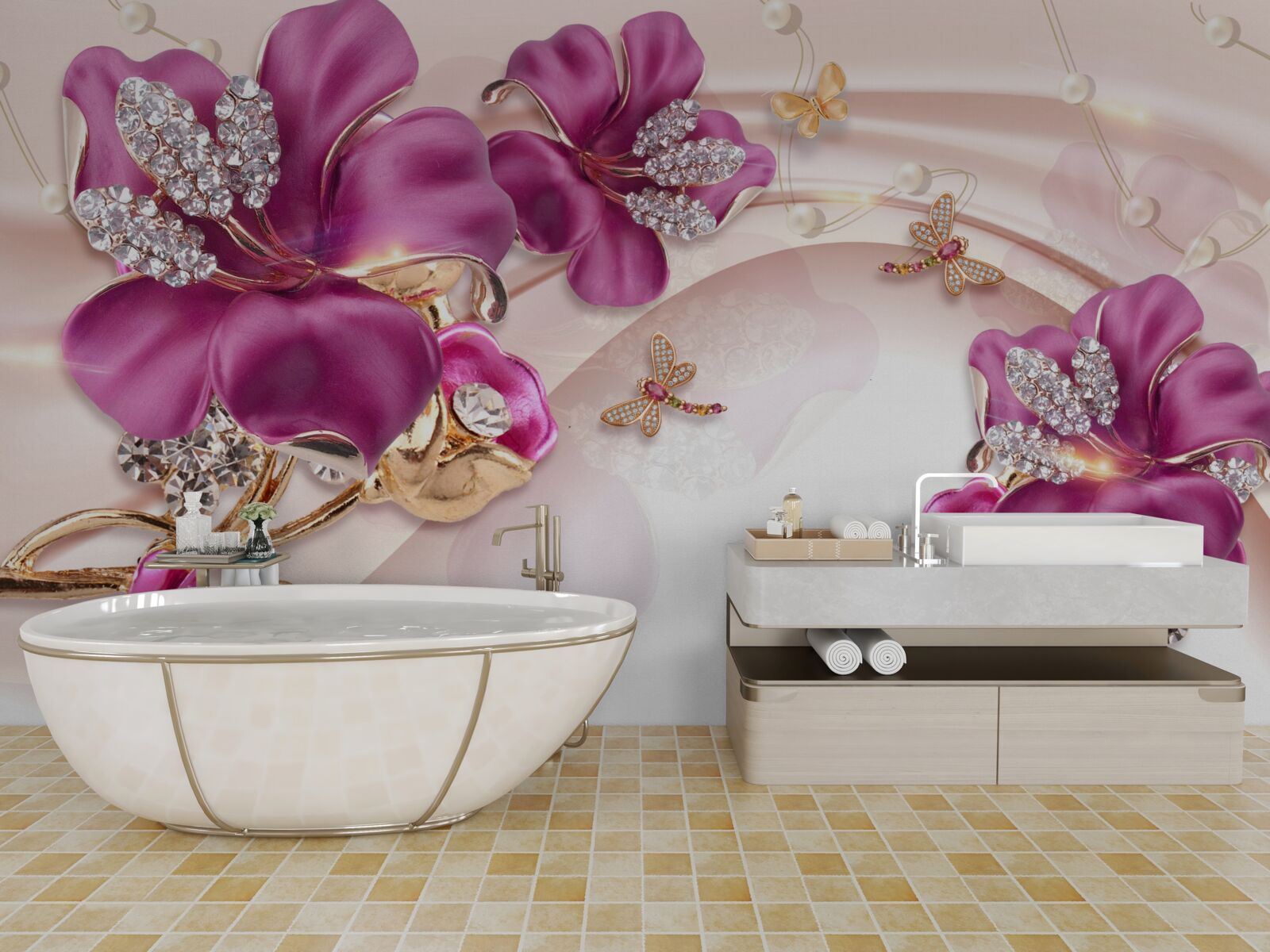 Fotobehang paarse bloemblaadjes omringd door parels en goud