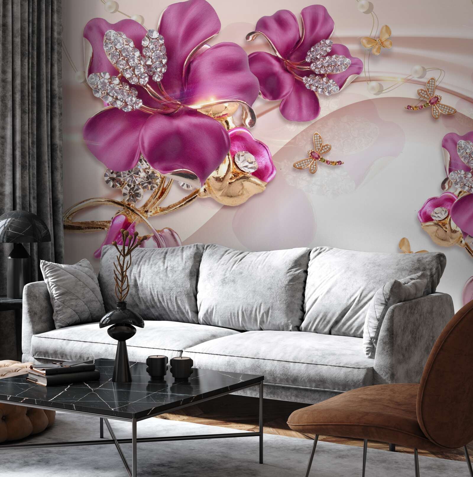 Fotobehang paarse bloemblaadjes omringd door parels en goud
