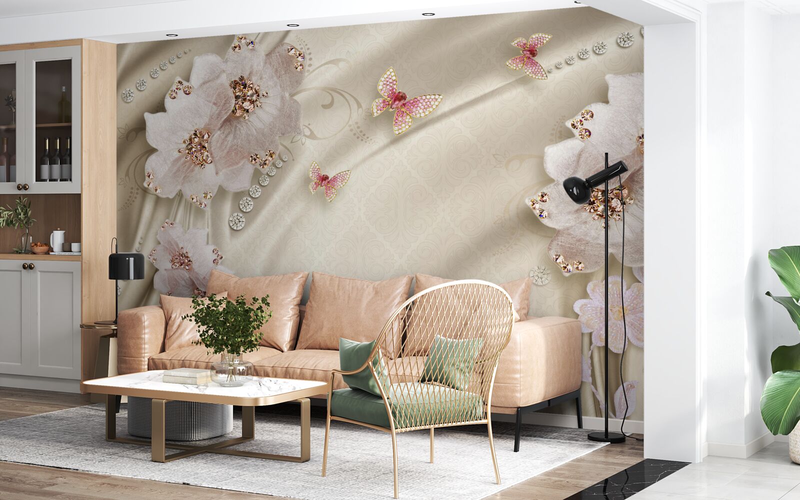 Fotobehang zijde is delicaat versierd met vlinders en sneeuwwitte bloemen