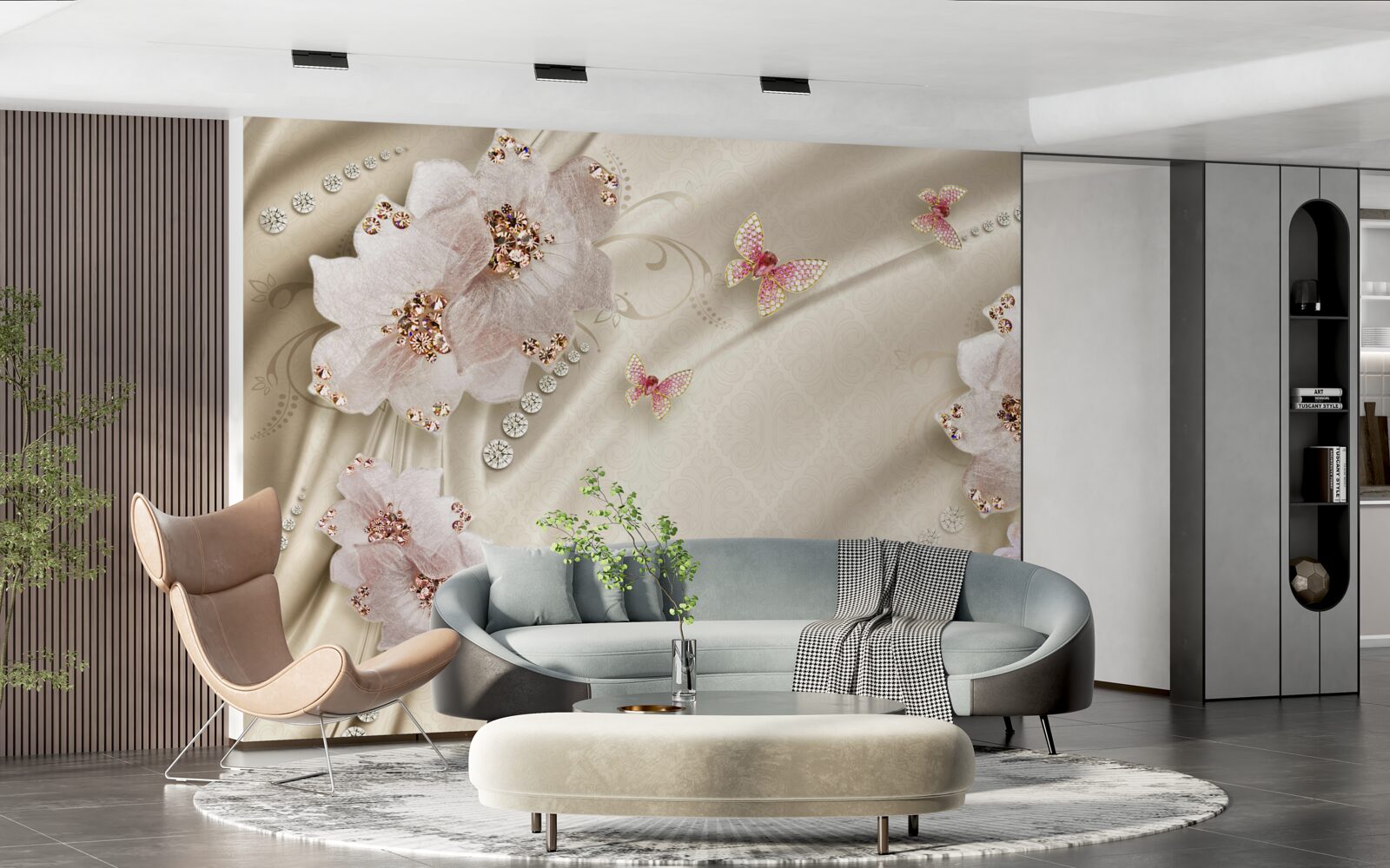 Fotobehang zijde is delicaat versierd met vlinders en sneeuwwitte bloemen