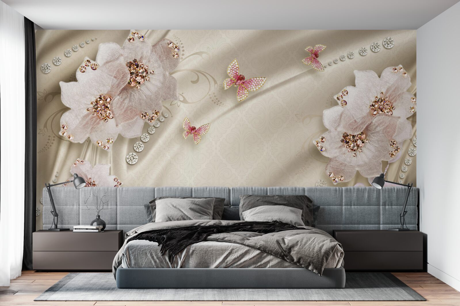 Fotobehang zijde is delicaat versierd met vlinders en sneeuwwitte bloemen