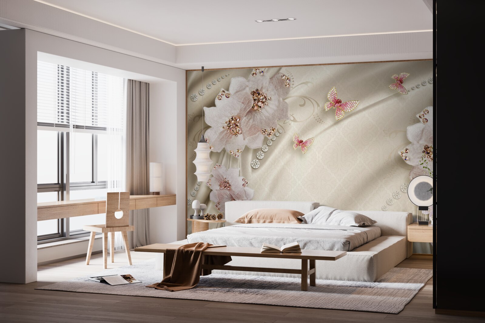 Fotobehang zijde is delicaat versierd met vlinders en sneeuwwitte bloemen