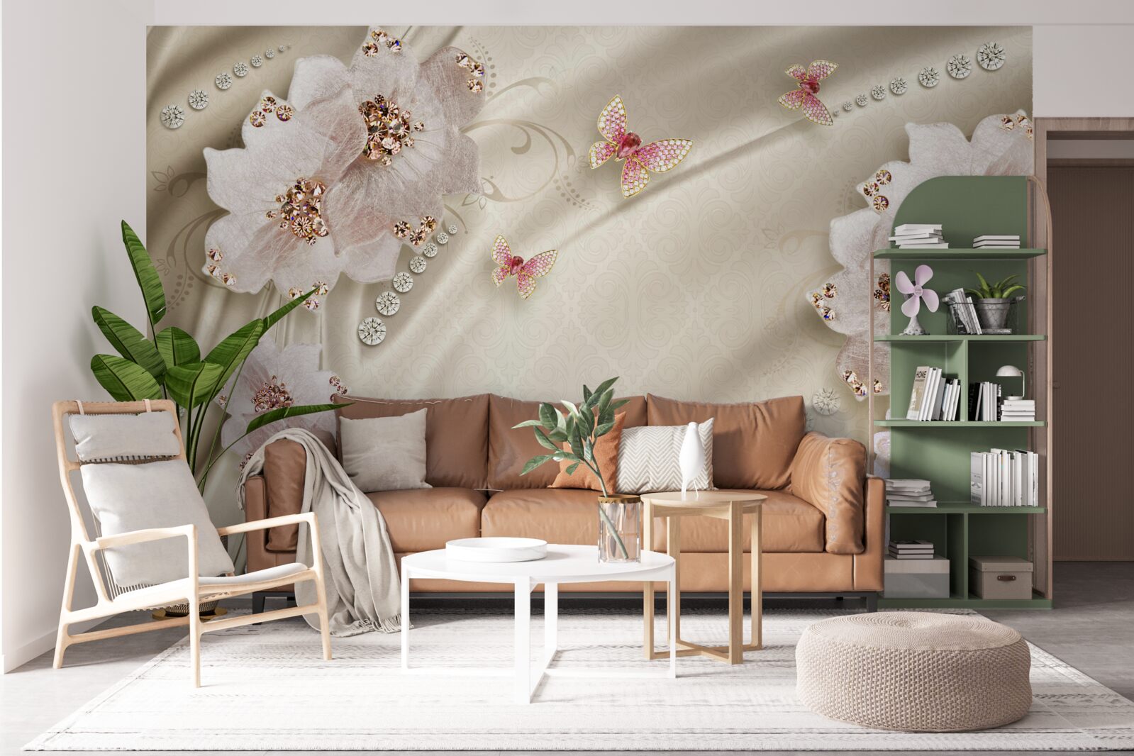 Fotobehang zijde is delicaat versierd met vlinders en sneeuwwitte bloemen