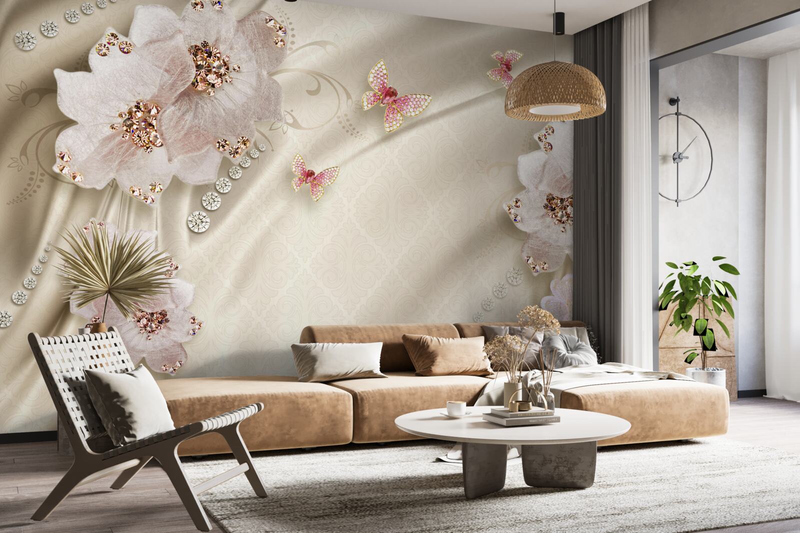 Fotobehang zijde is delicaat versierd met vlinders en sneeuwwitte bloemen