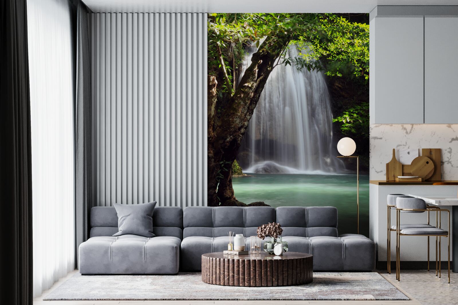 Fotobehang erawan, een waterval in het bosgebied van thailand, ligt in kanchanaburi