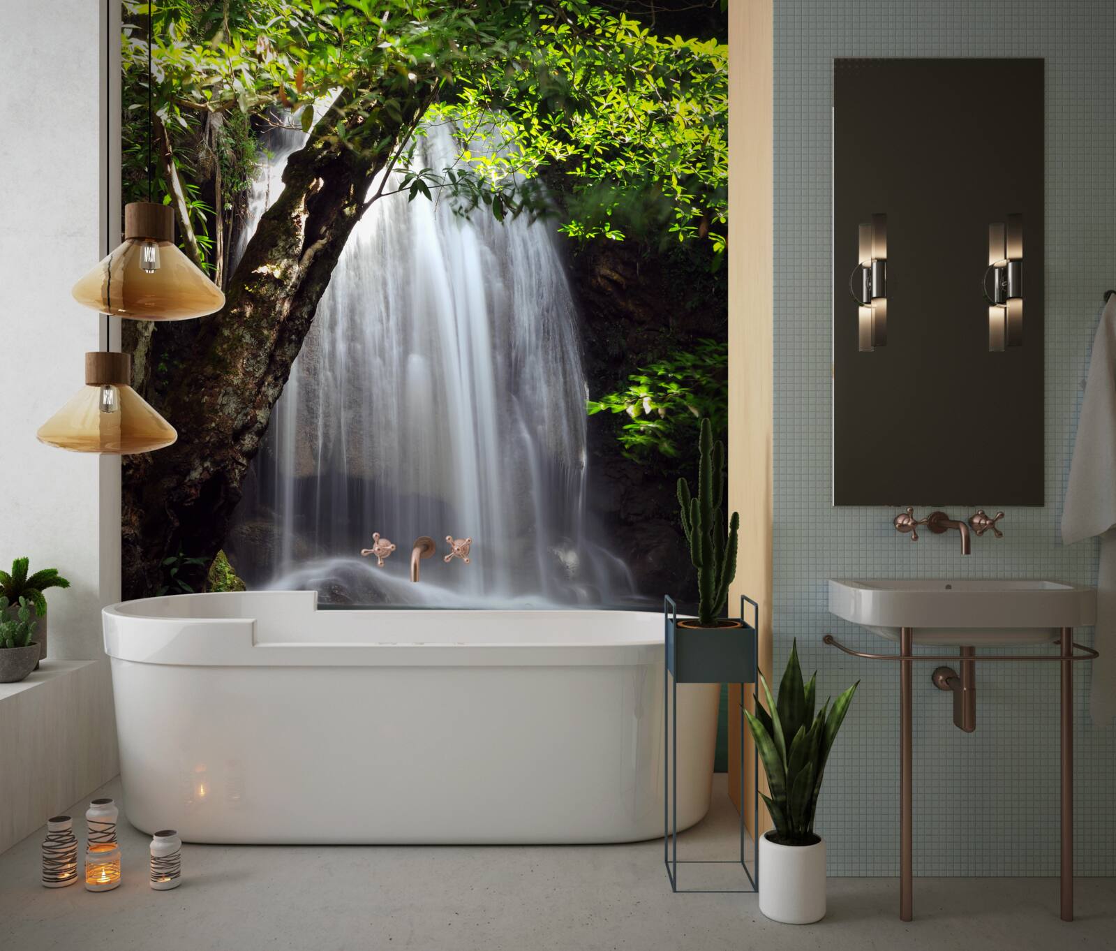 Fotobehang erawan, een waterval in het bosgebied van thailand, ligt in kanchanaburi