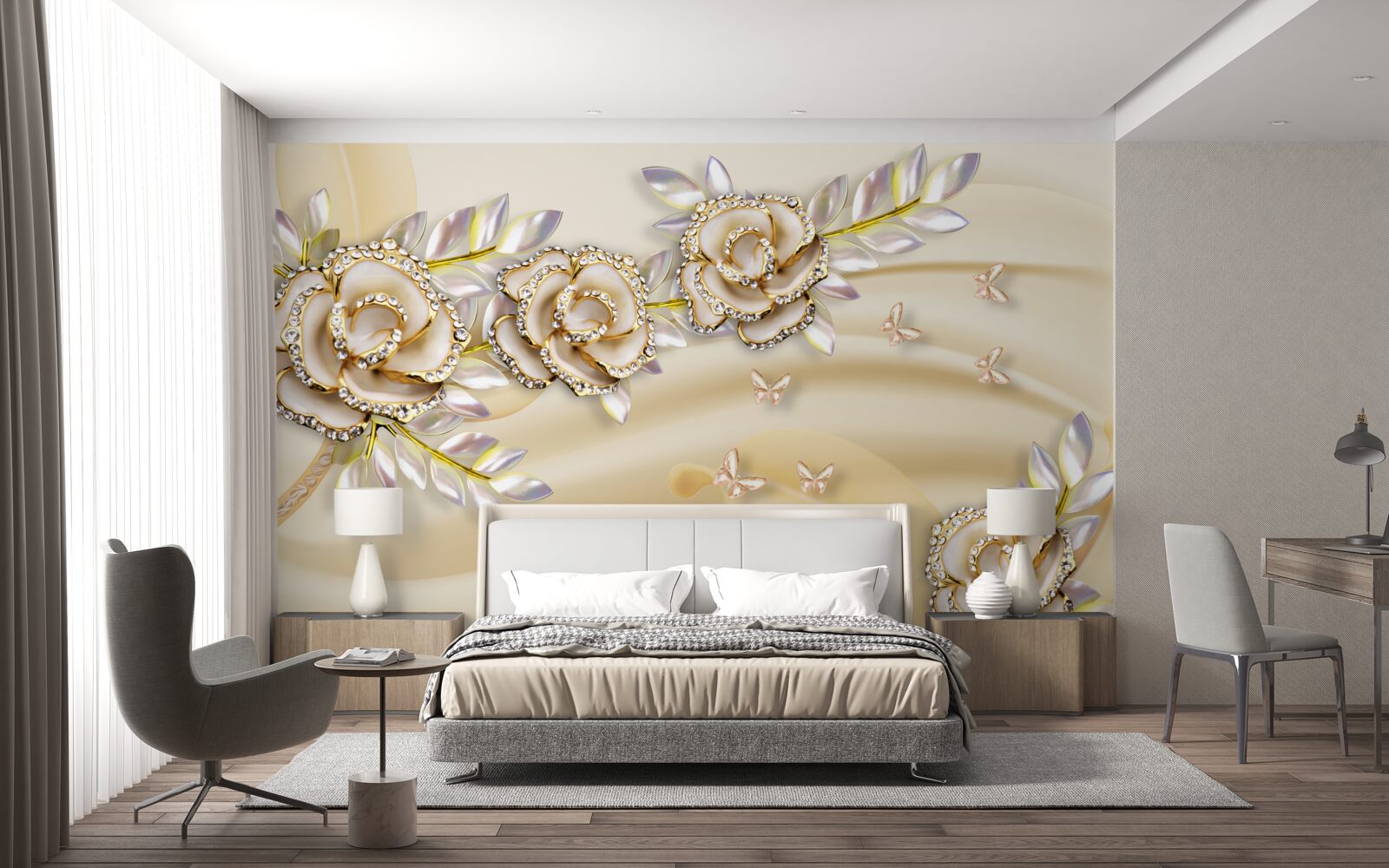 Fotobehang gouden bloesemtak