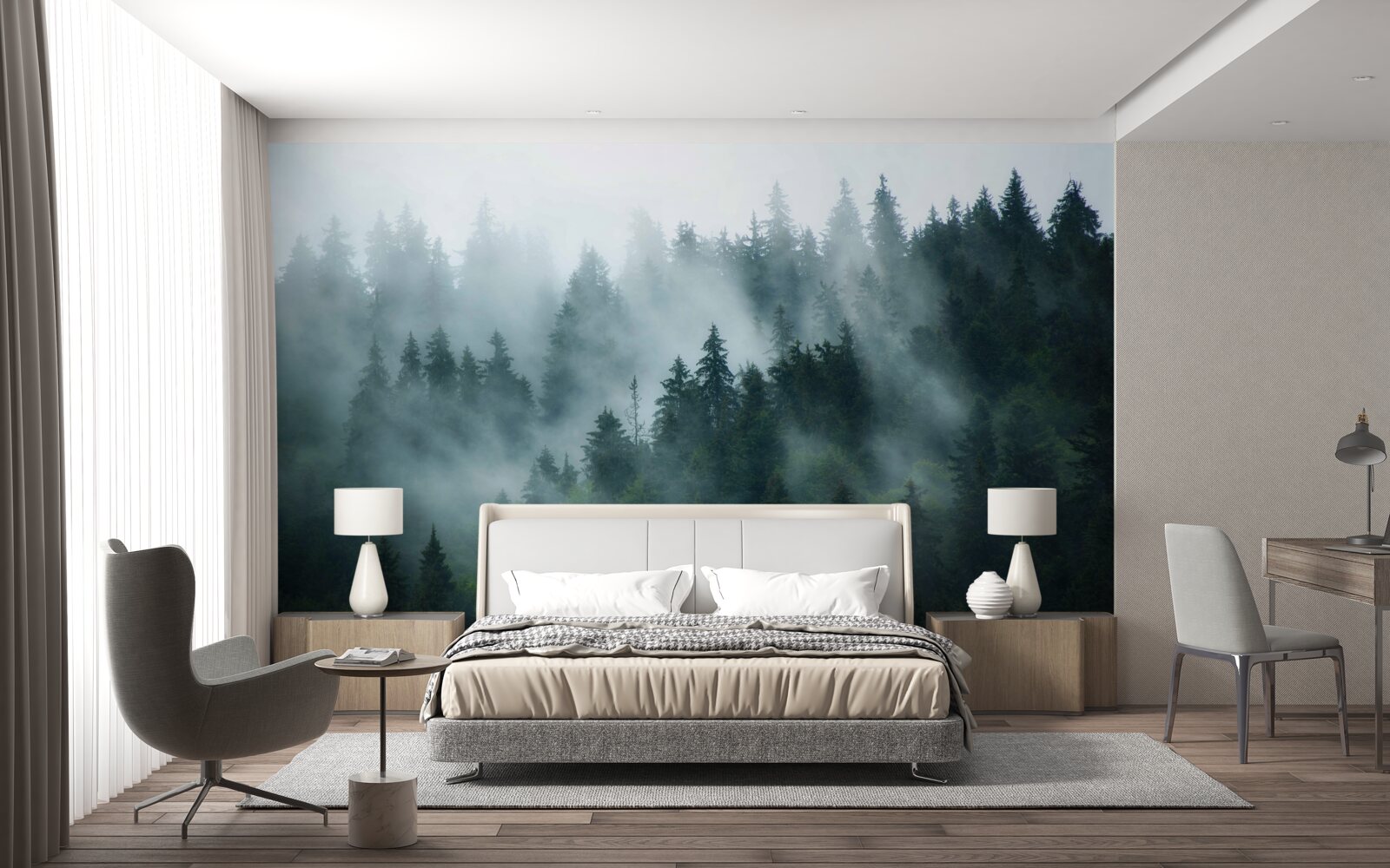 Fotobehang mist sluimert in de dennen