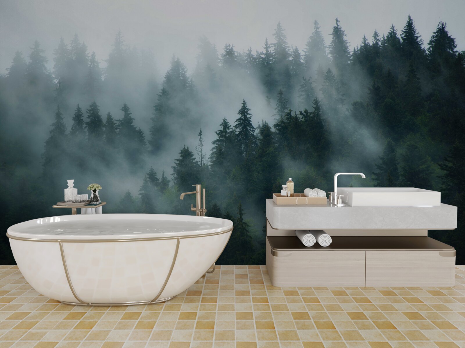 Fotobehang mist sluimert in de dennen