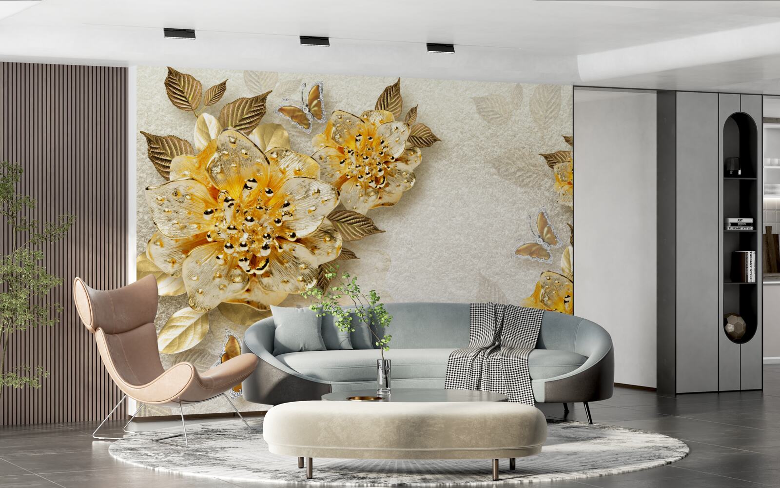 Fotobehang gouden bloemen in 3d