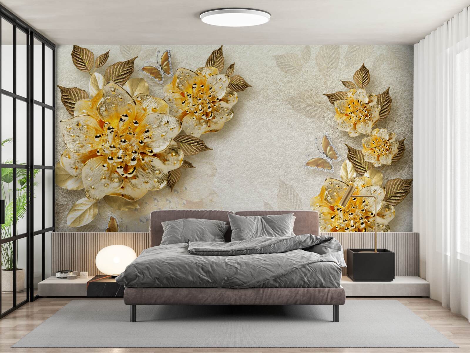 Fotobehang gouden bloemen in 3d