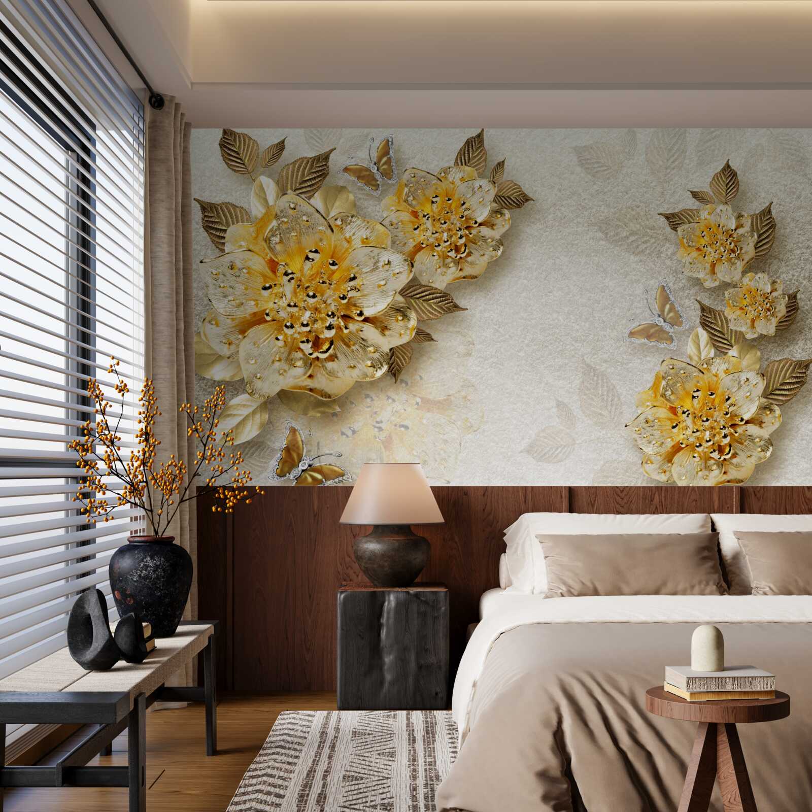 Fotobehang gouden bloemen in 3d