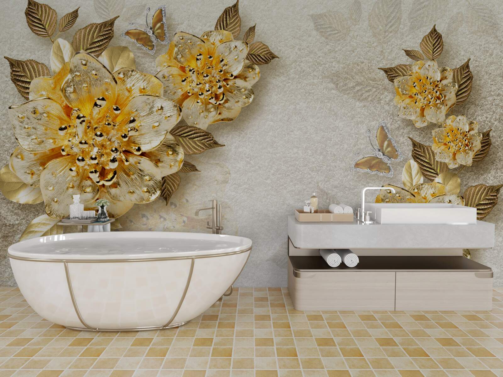 Fotobehang gouden bloemen in 3d