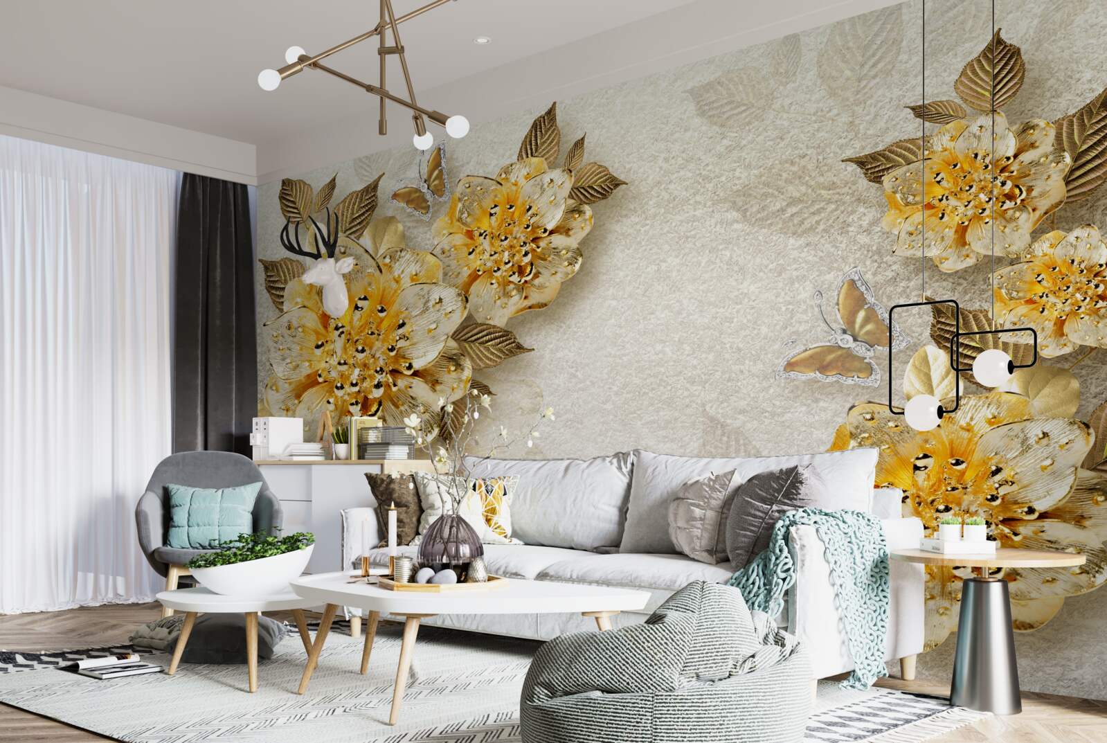 Fotobehang gouden bloemen in 3d