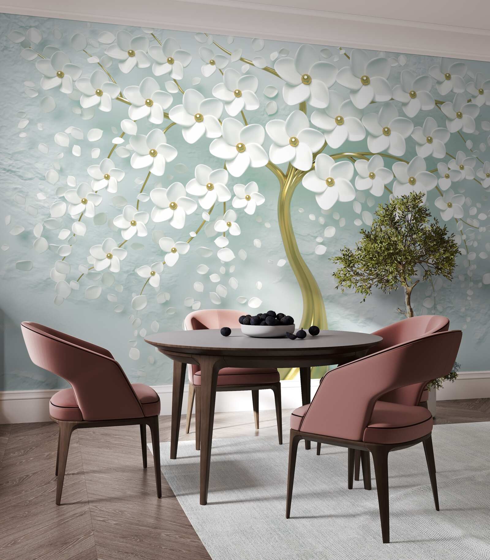 Fotobehang bloem met witte kleren op een boomtak