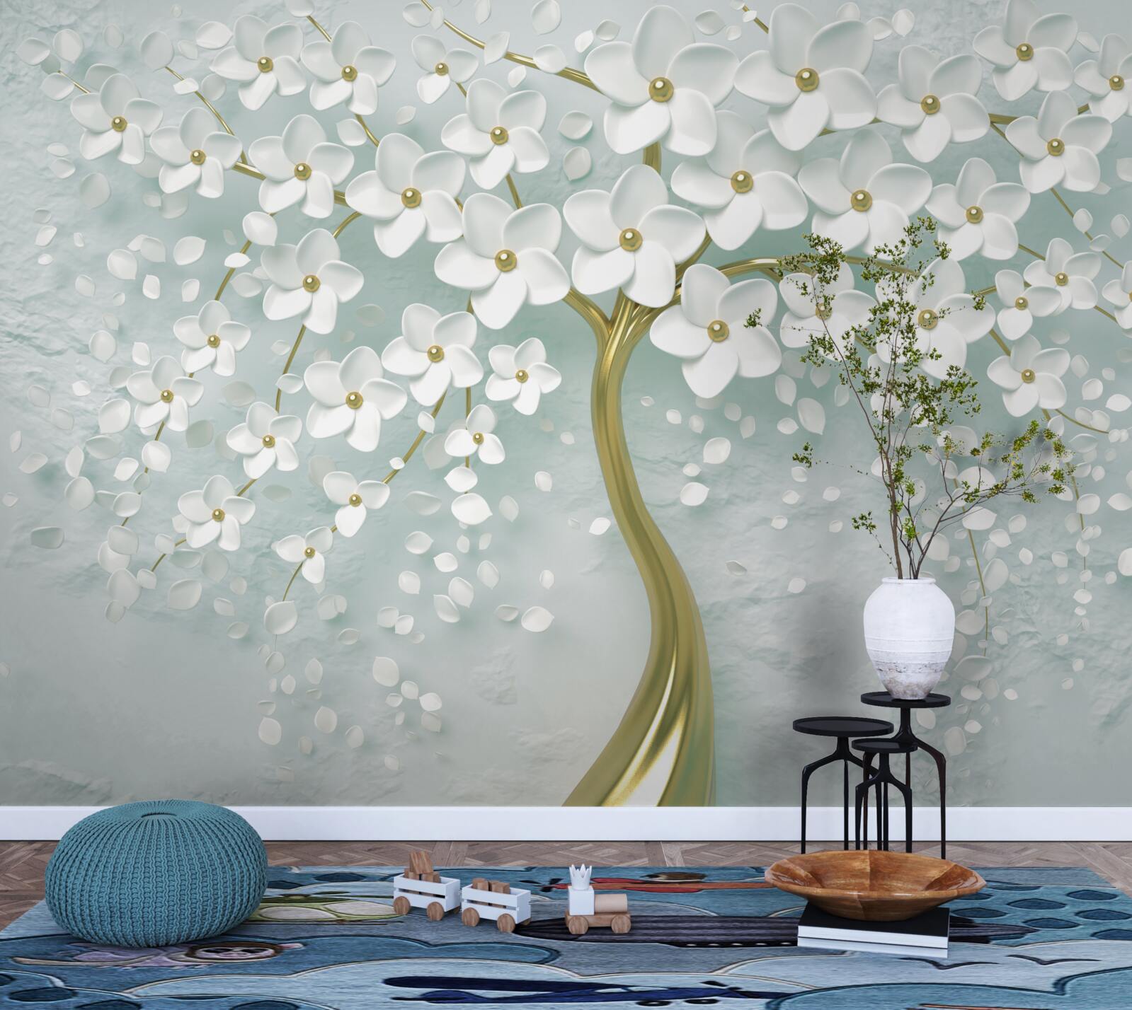 Fotobehang bloem met witte kleren op een boomtak