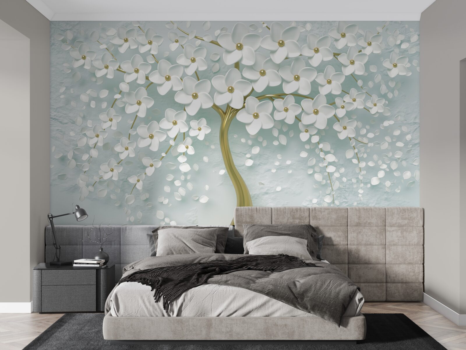 Fotobehang bloem met witte kleren op een boomtak