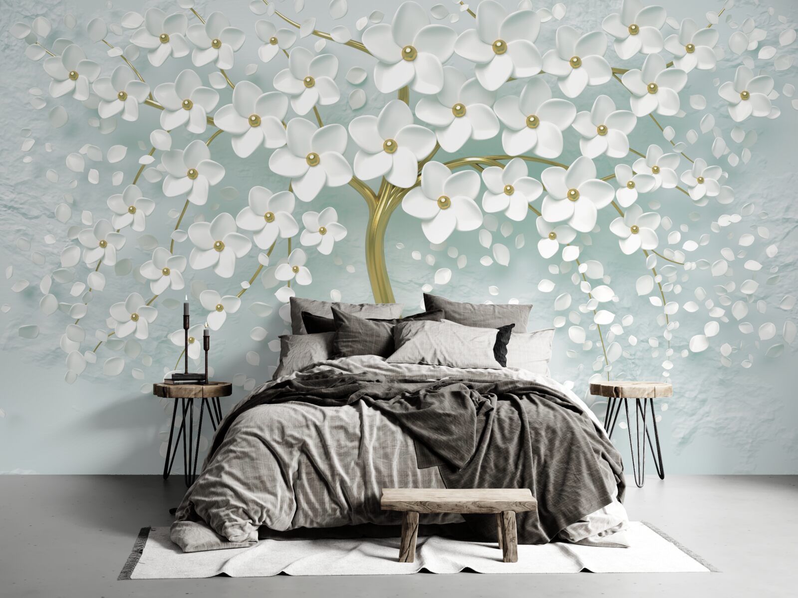 Fotobehang bloem met witte kleren op een boomtak